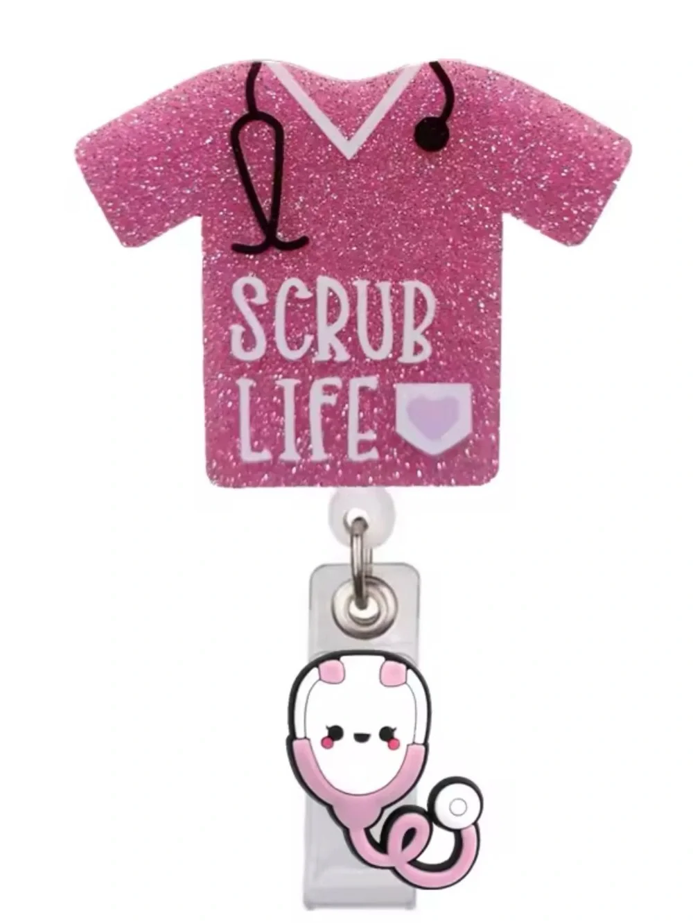 Pink 'Scrub Life' Nurse Badge Retractable Reel with Stethoscope Charm
